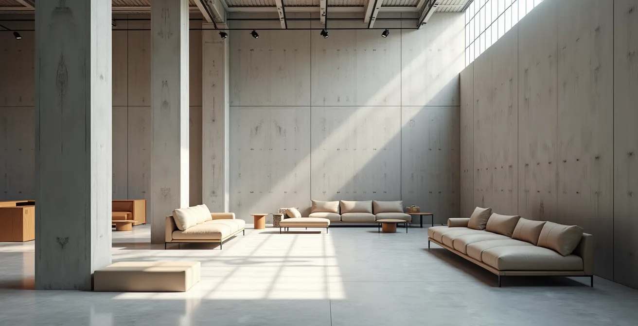 Espace de showroom épuré avec architecture moderne et mobilier design accessible