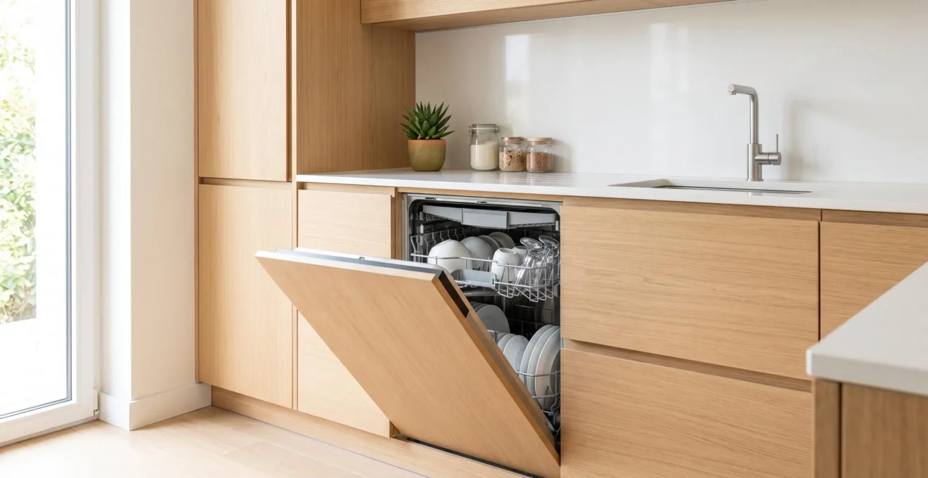 Cuisine contemporaine équipée avec lave-vaisselle encastrable ouvert montrant les paniers chargés de vaisselle propre, mobilier moderne clair et plan de travail en composite