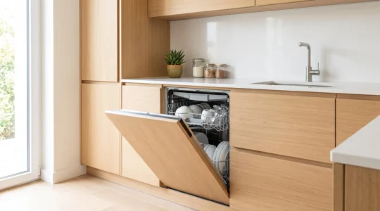Cuisine contemporaine équipée avec lave-vaisselle encastrable ouvert montrant les paniers chargés de vaisselle propre, mobilier moderne clair et plan de travail en composite