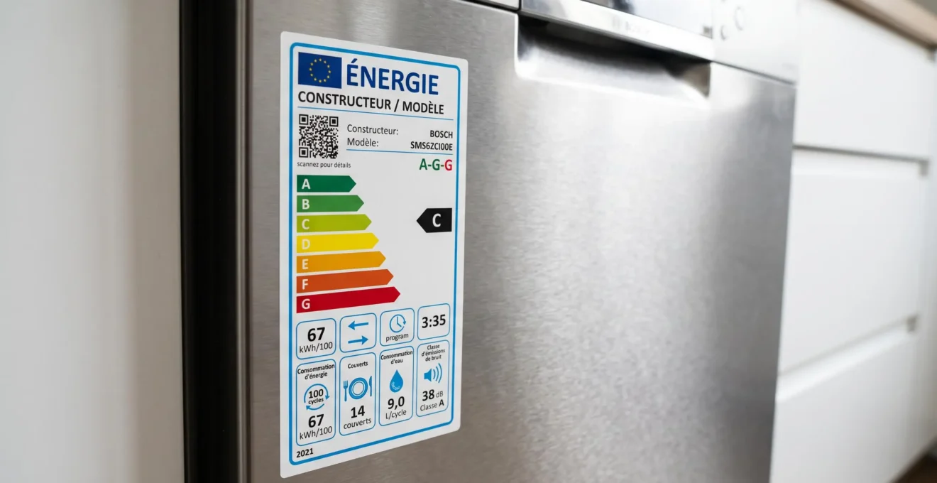 Étiquette énergétique européenne 2021 collée sur porte de lave-vaisselle encastrable, affichant l'échelle A-G et les pictogrammes de consommation eau, énergie et bruit